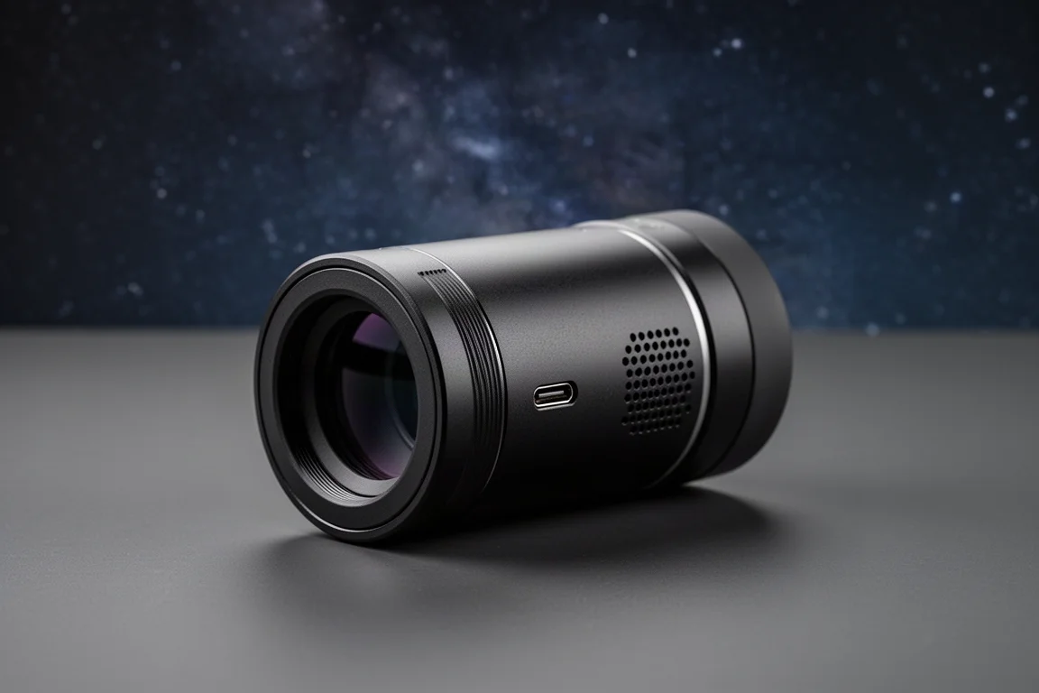 Black cylindrical digital eyepiece device on a dark surface against a starry backdrop