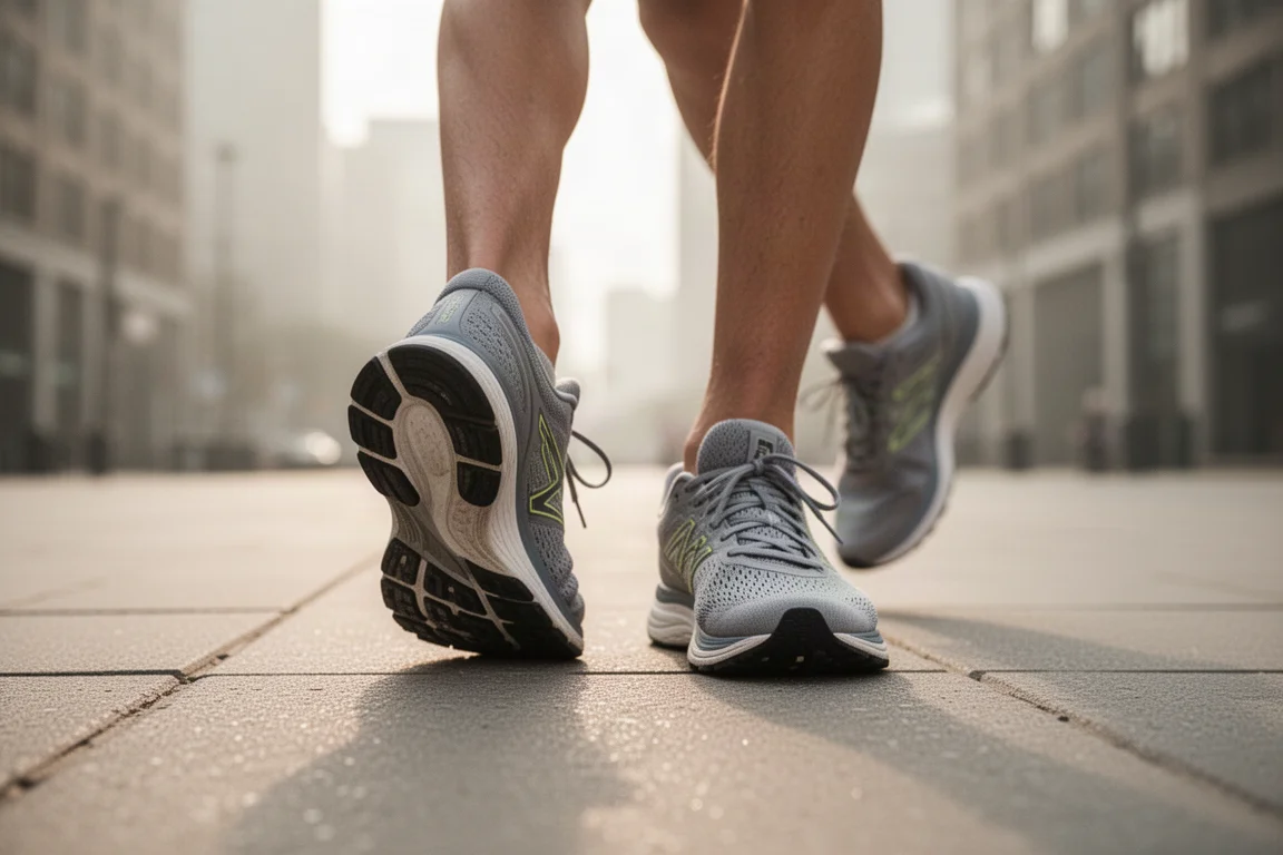 Runner lacing up daily trainers before an easy run on city pavement