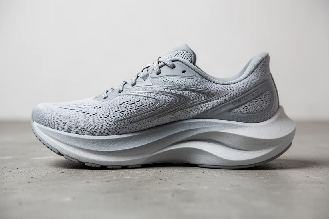 Close-up of a lightweight running shoe midsole showing sculpted foam layers