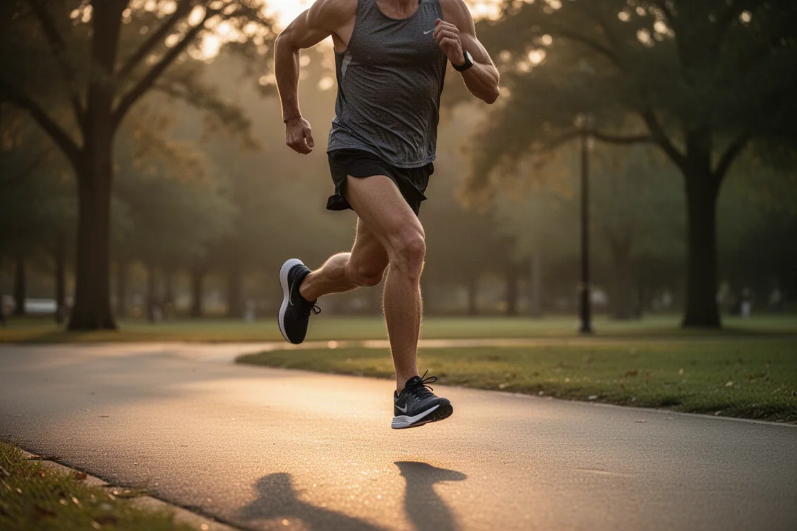 Runner performing a tempo run on a park path in soft evening light