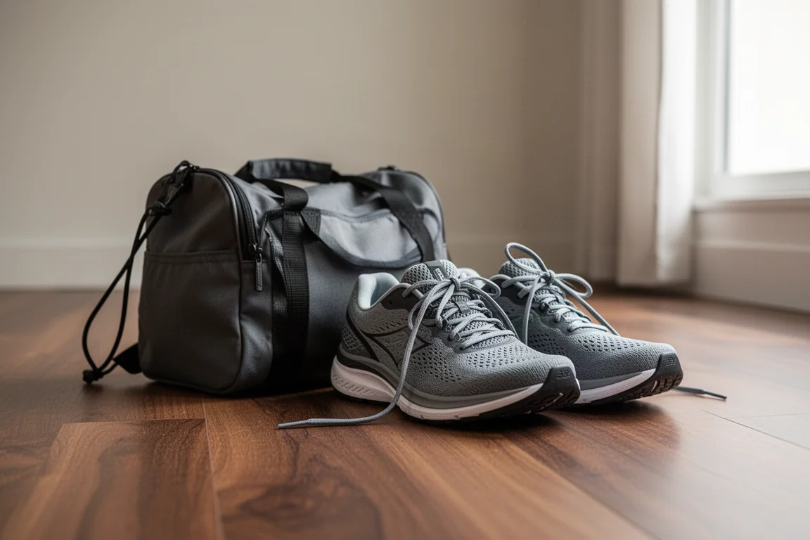 Running shoes resting beside a training bag on a wooden floor after a workout
