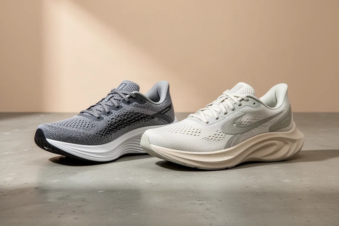 Two daily trainer running shoes side by side on a concrete surface