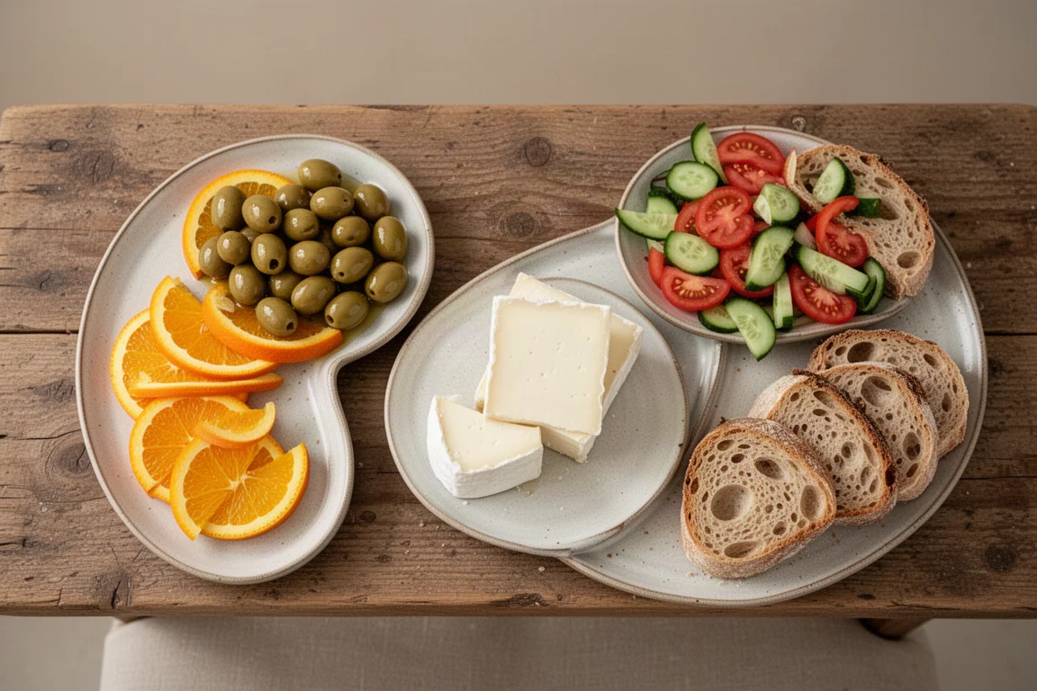 A rustic Greek table spread with olives, cheese, bread and salad