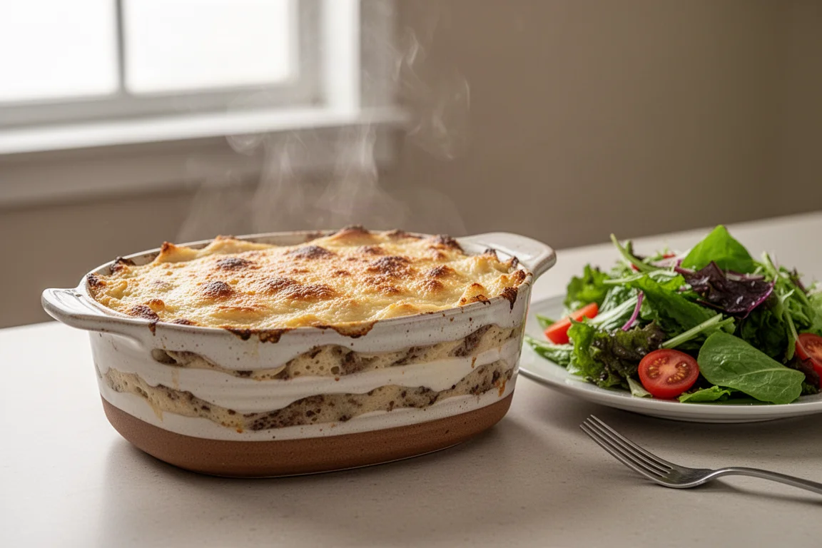 A layered baked casserole dish with golden browned top resting on a kitchen counter