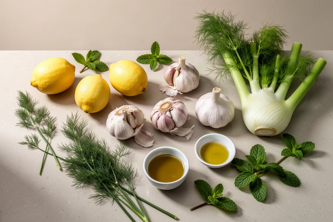 Fresh herbs, lemons, garlic and fennel arranged on a kitchen work surface