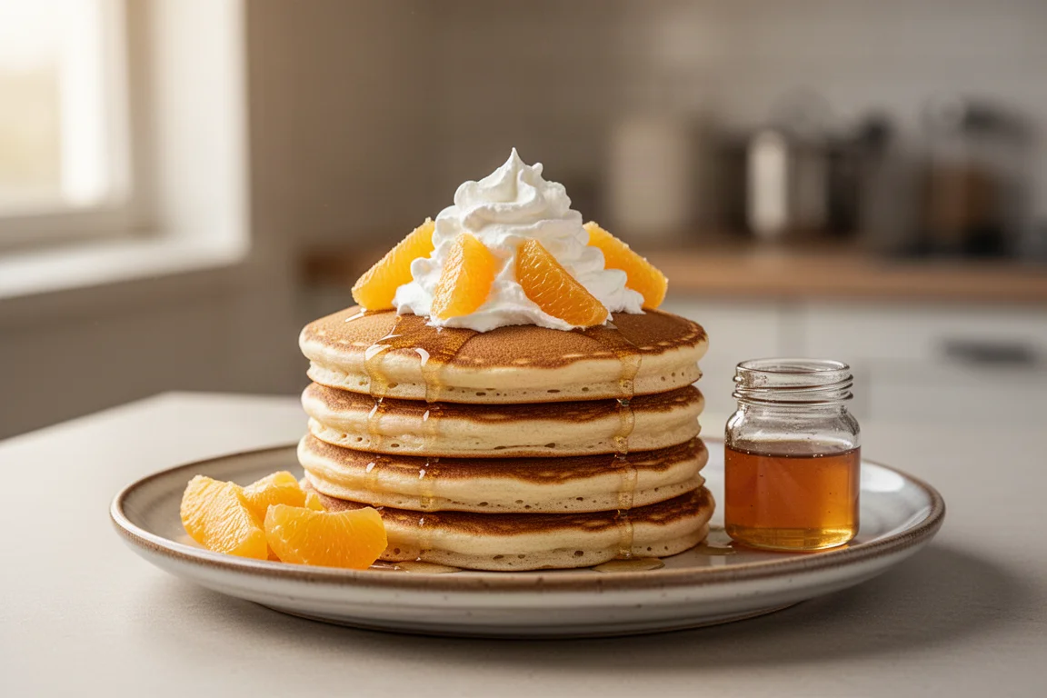 Stacked fluffy pancakes topped with whipped cream and citrus segments