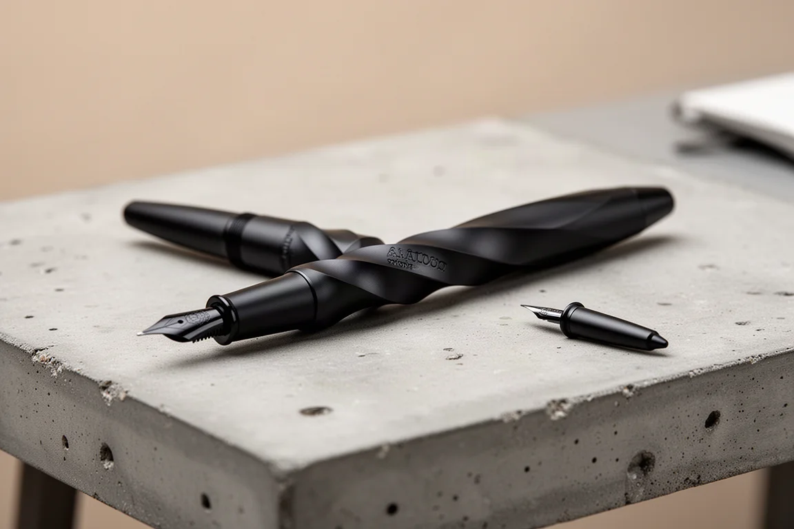 Stylo-plume torsadé noir mat allongé sur un bureau en béton sous une lumière douce