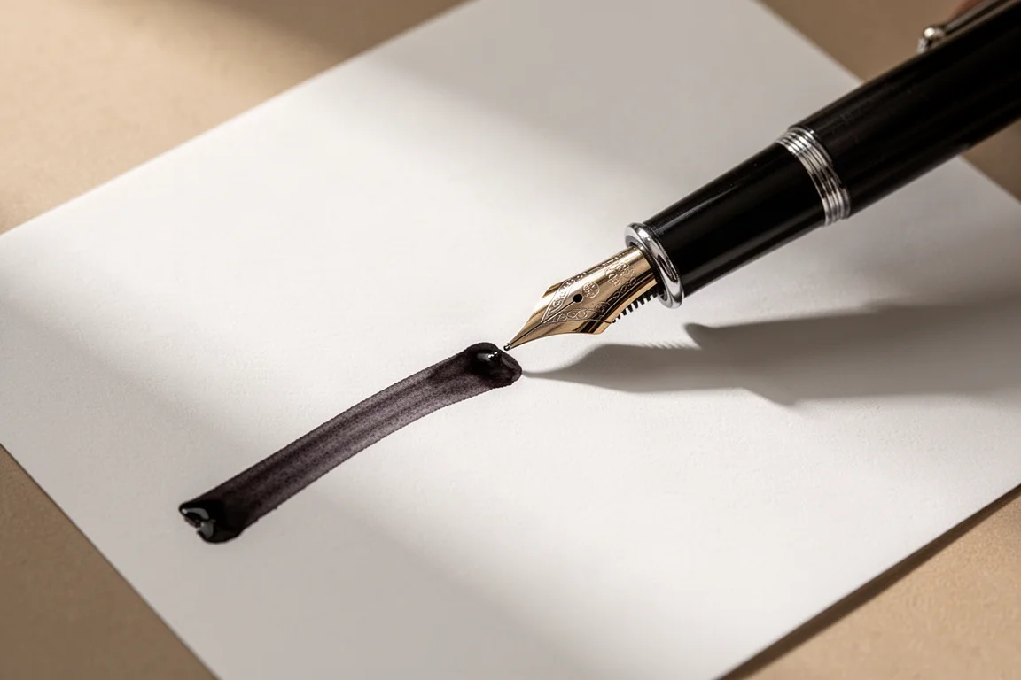 Une main tracant un trait d'encre fluide sur le papier avec un stylo-plume