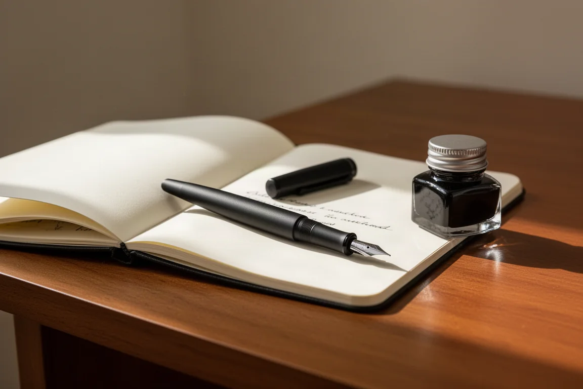 Stylo-plume posé à côté d'un carnet ouvert et d'une bouteille d'encre sur un bureau en bois