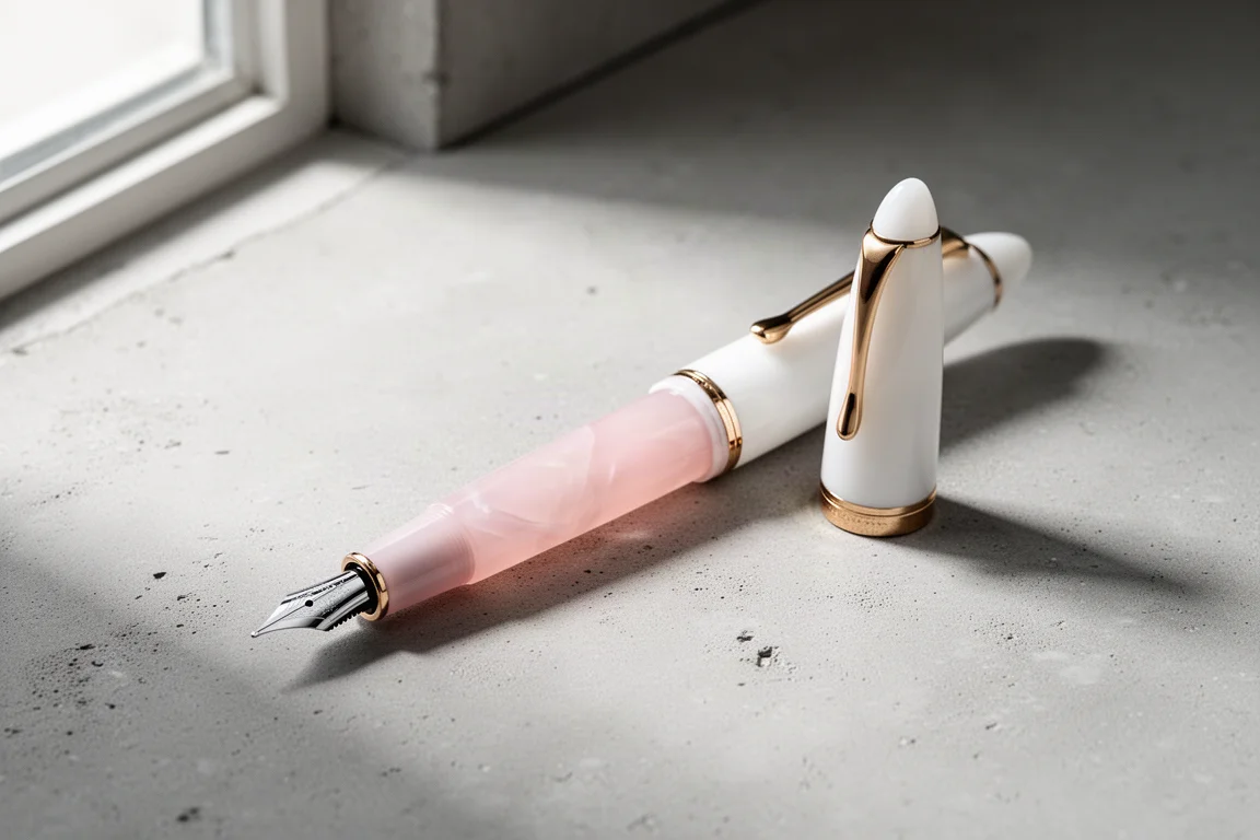 Pelikan Classic M200 Cherry Blossom vulpen met bleekroze vulhuls op een grijs oppervlak