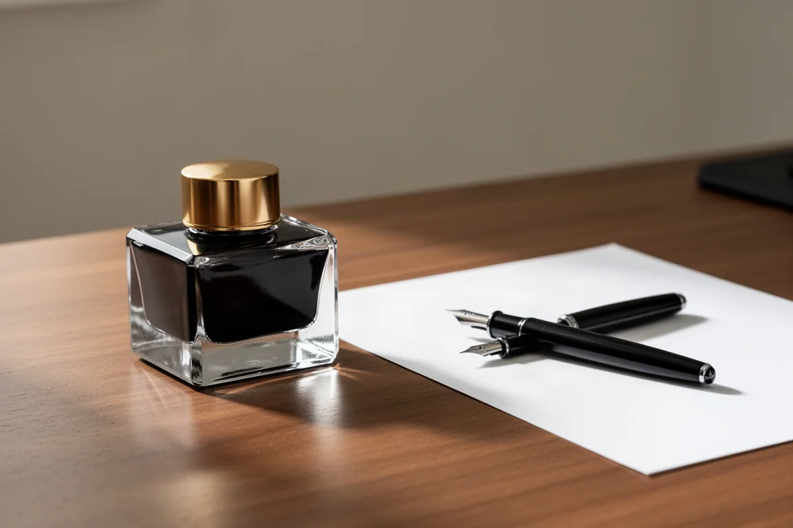 Rechthoekig glazen inktflesje met gouden dop op een bureau naast een vulpen