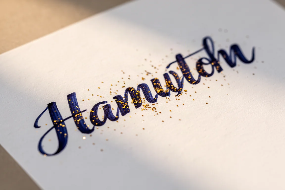 Close-up van blauw geschreven tekst met gouden glittervlokjes bij warm licht