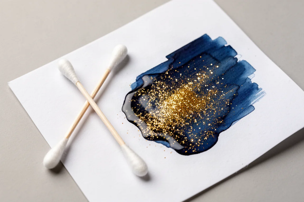 Uitgestreken wattenstaafje met blauwe shimmer-inkt op wit papier