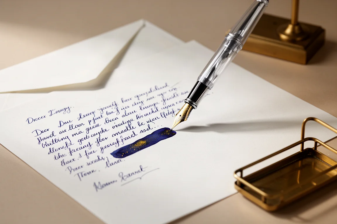 Vulpen die een brief schrijft op dik wit papier met blauwe shimmer-inkt