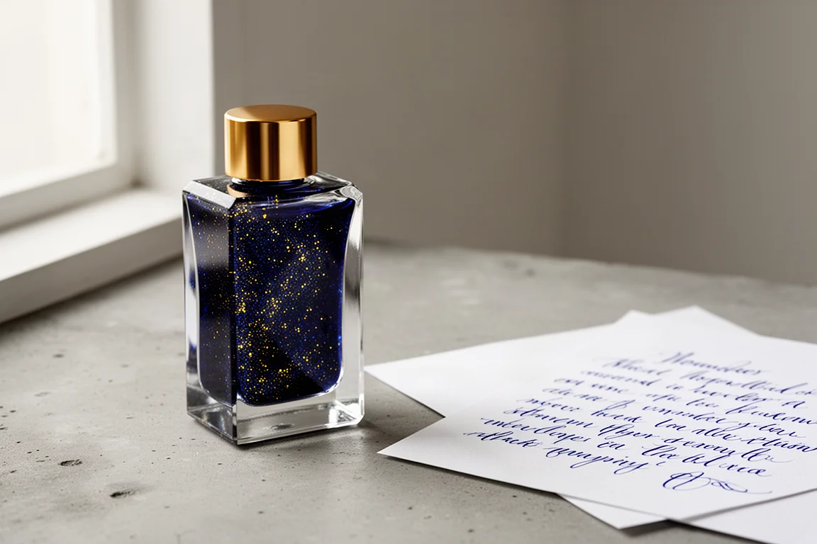 Bottiglia rettangolare di inchiostro blu con tappo dorato accanto a una pagina scritta con inchiostro blu shimmer