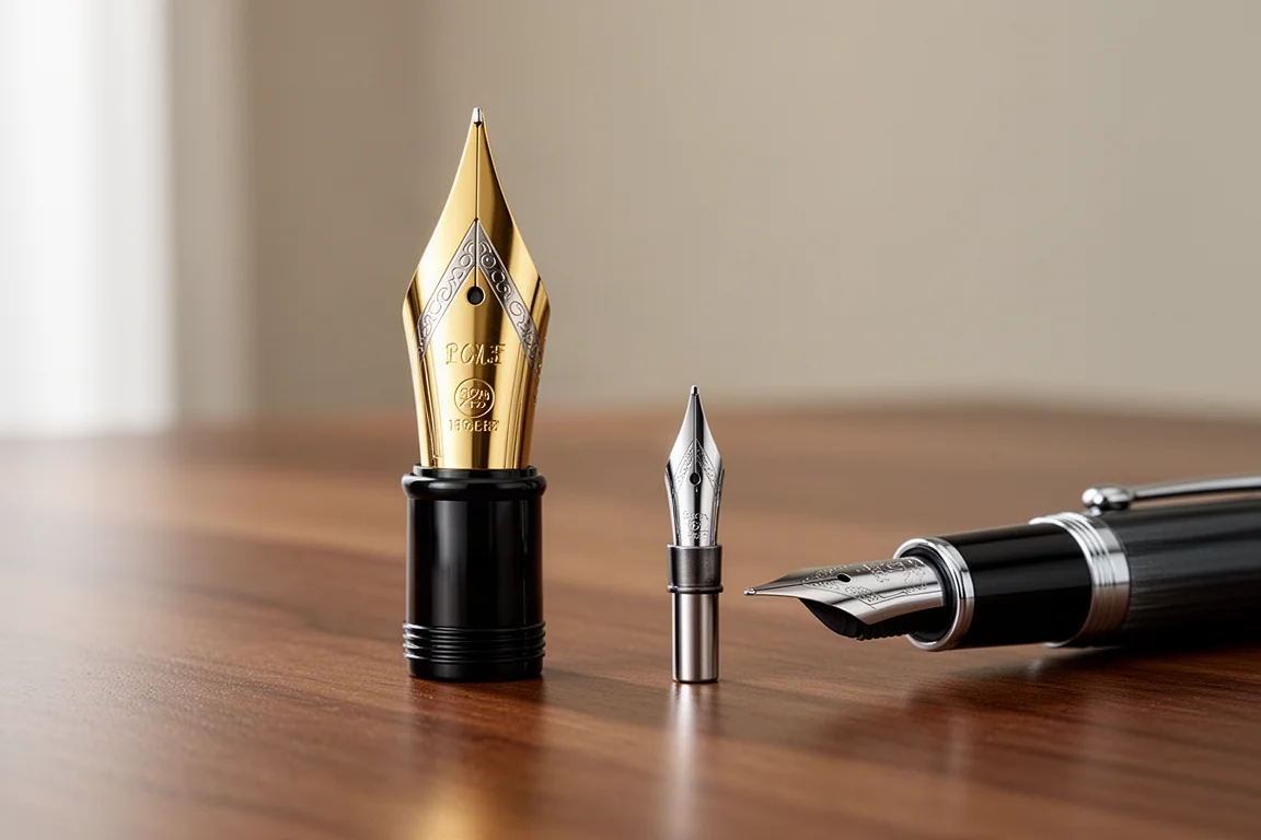 Large gold fountain pen nib beside a noticeably smaller steel nib for scale