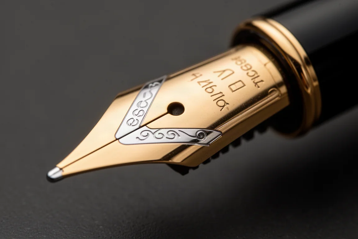 Fountain pen nib viewed from underneath showing nib and feed alignment