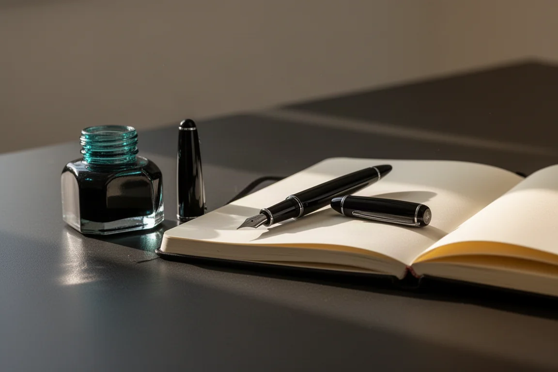 Writing desk with a large fountain pen, ink bottle and notebook in soft light