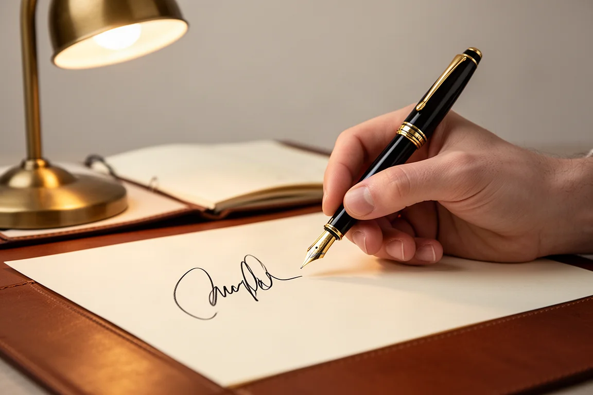 紙にサインをする writrerの手が大型万年筆を持っている様子