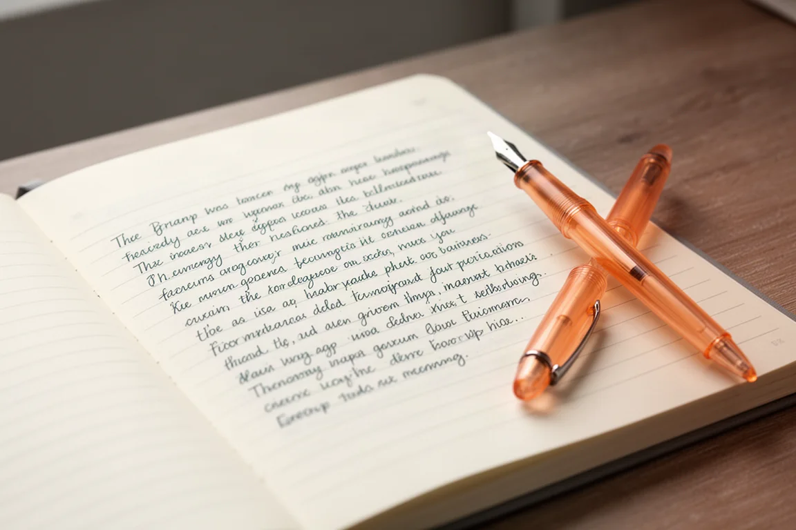 Otwarty notes z odręcznie zapisanymi stronami obok pióra wiecznego