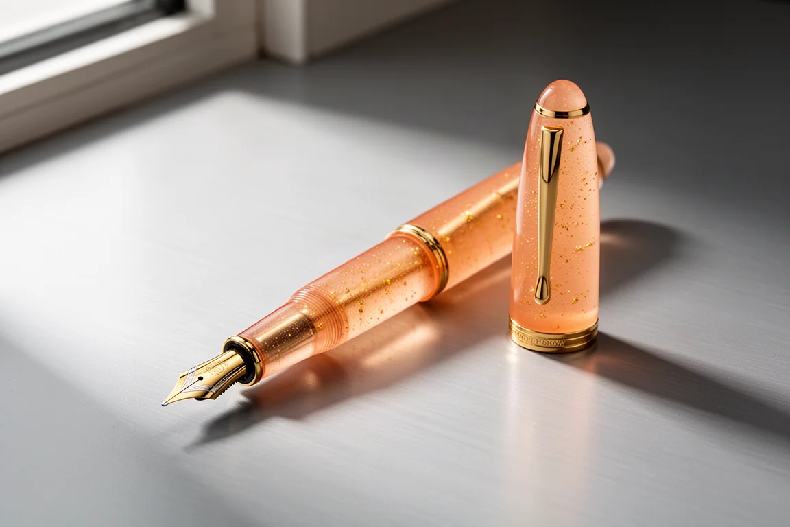 Translucent apricot fountain pen with gold trim on a grey desk