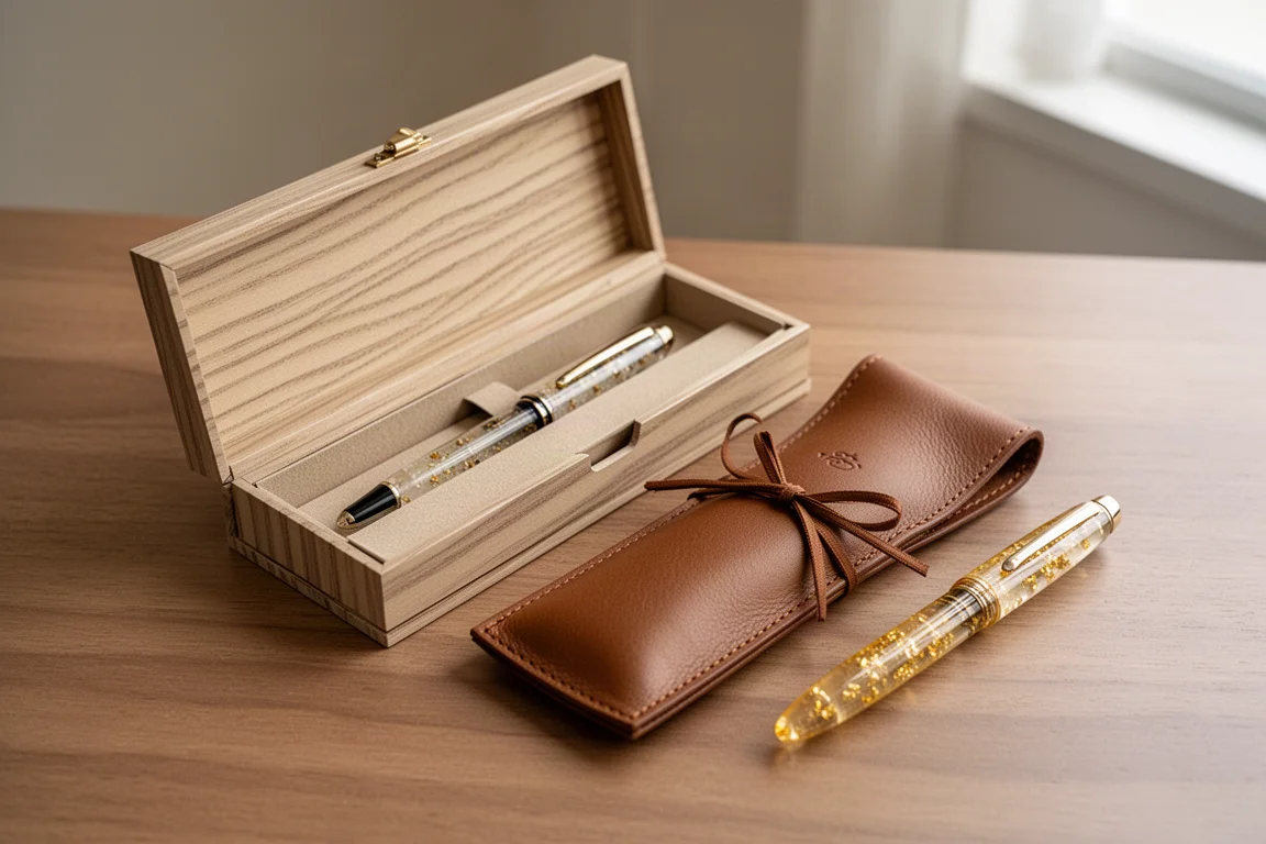 Transparante vulpen met goudvlokken in een open cadeaubox van karton met een satijnen etui met lint
