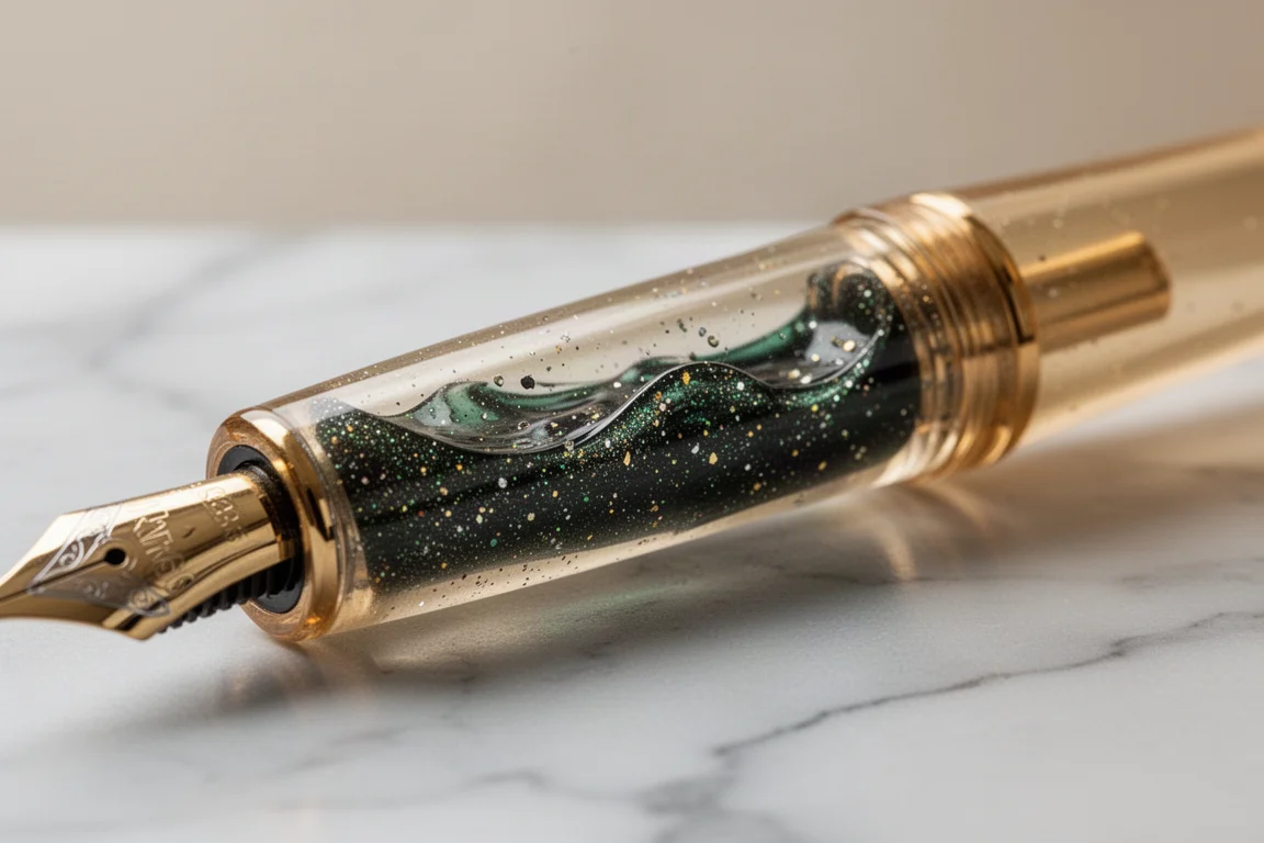 Donkergroene shimmer-inkt met gouden en zilveren deeltjes wordt in een zuigervulpen opgezogen