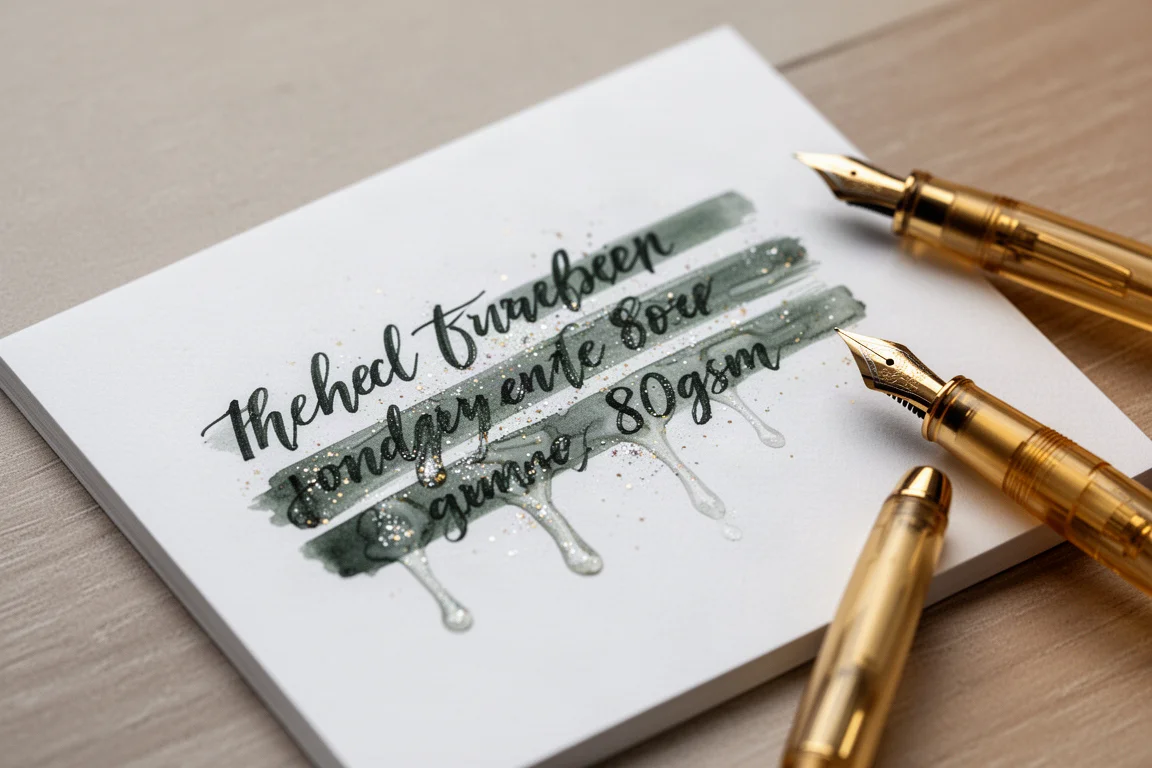Schrijfproef met natte donkergroene shimmer-inkt op wit papier van 80gsm