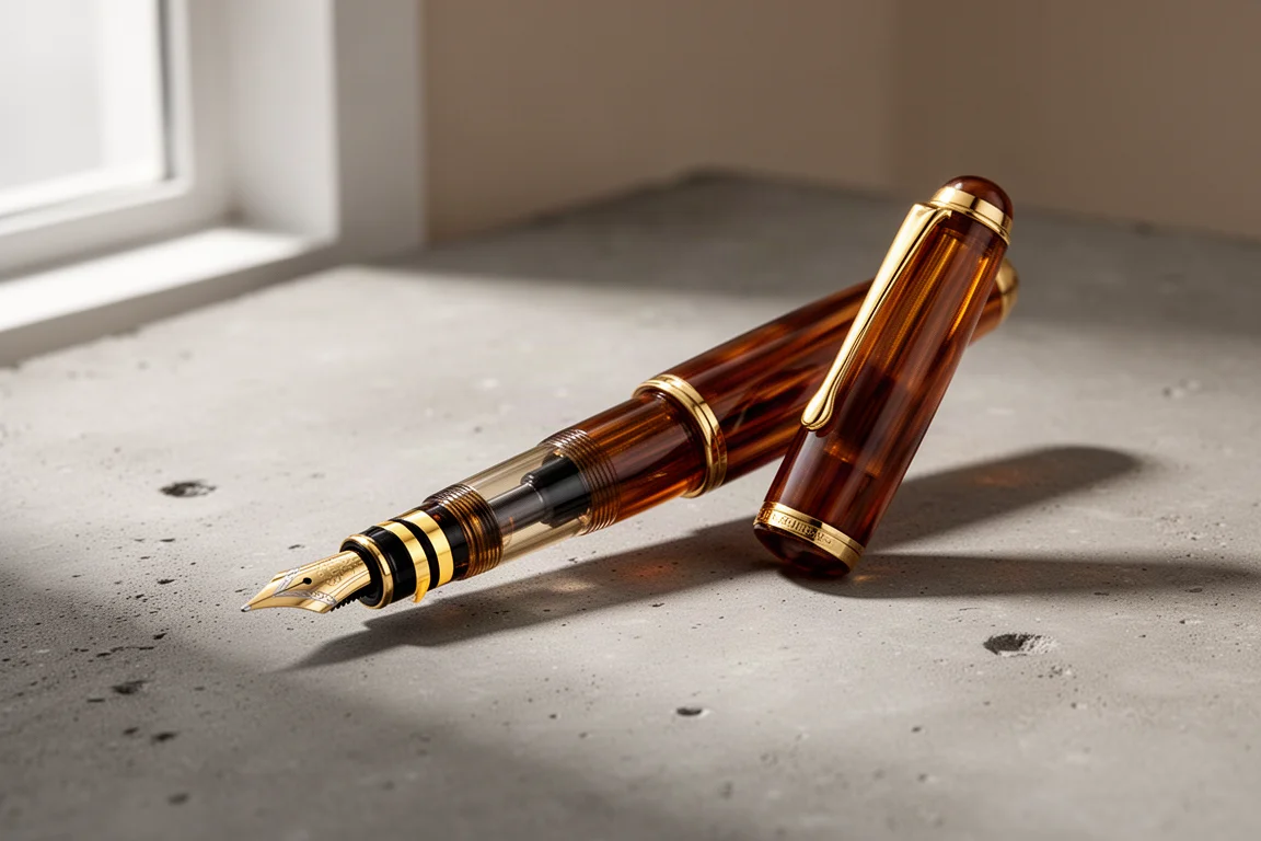 Pelikan M400 Tortoise fountain pen with brown striated resin and gold trim on concrete