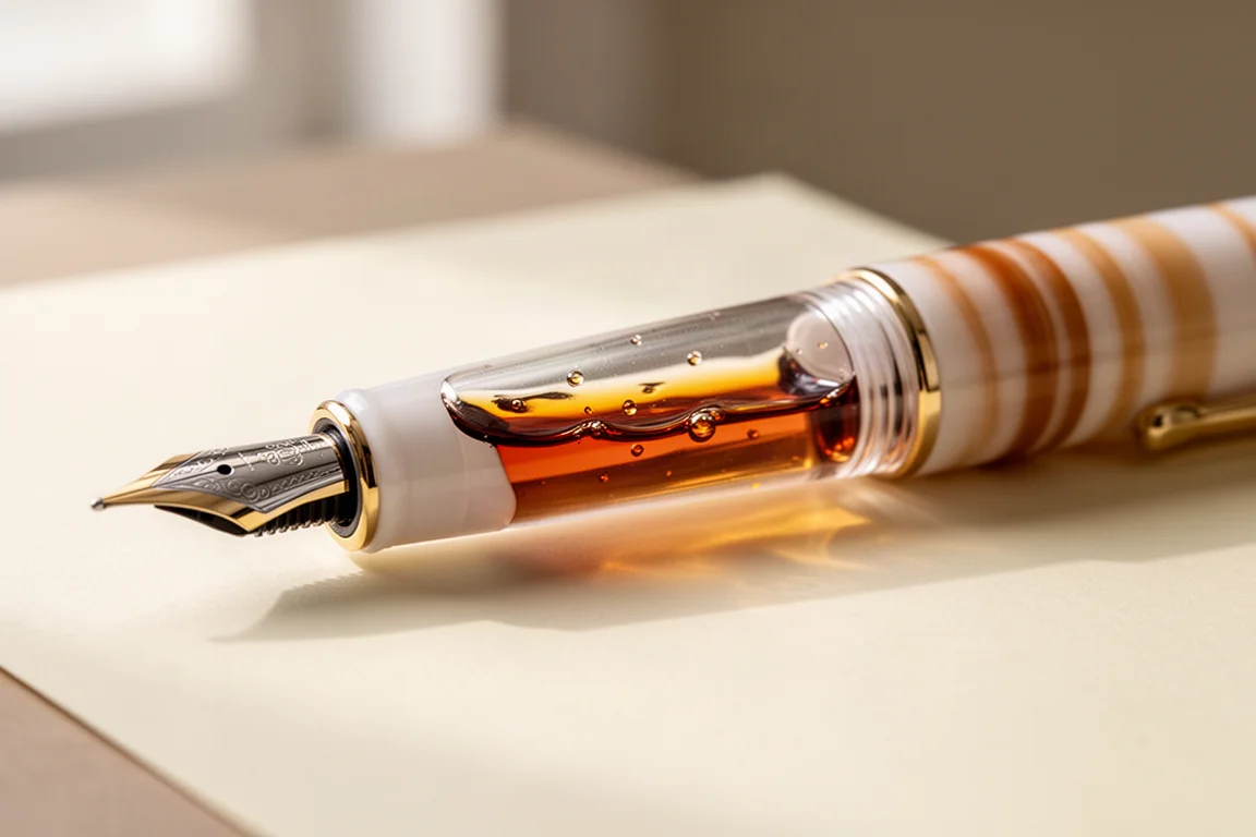 Barrel traslucido bianco tartaruga di una penna stilografica con l'inchiostro che si muove all'interno