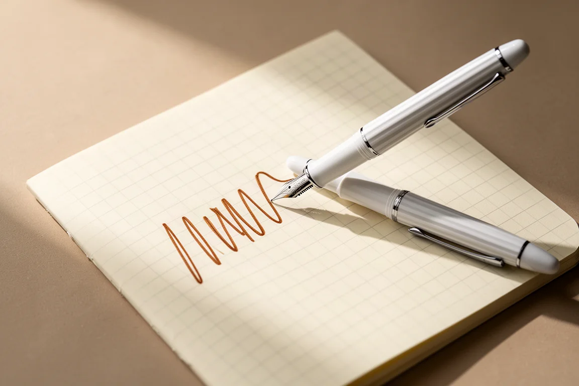 Penna stilografica che scrive su carta a righe di un quaderno con inchiostro marrone caldo