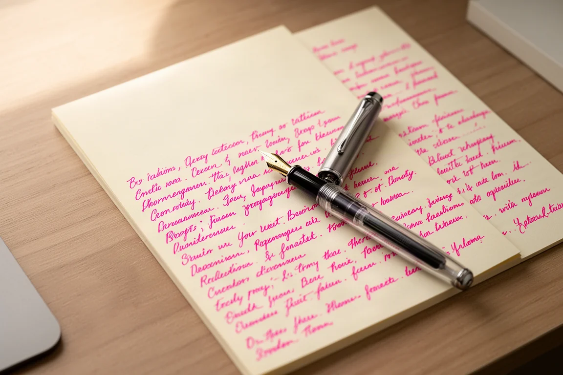 Handschriftliche Schreibprobe in leuchtend rosa Tinte auf einem leeren Notizblock