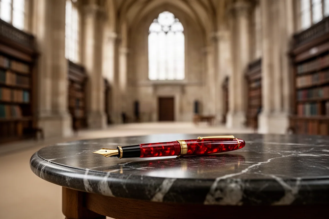 Stylo-plume écaille rouge posé sur une table de lecture en marbre dans une grande salle de bibliothèque