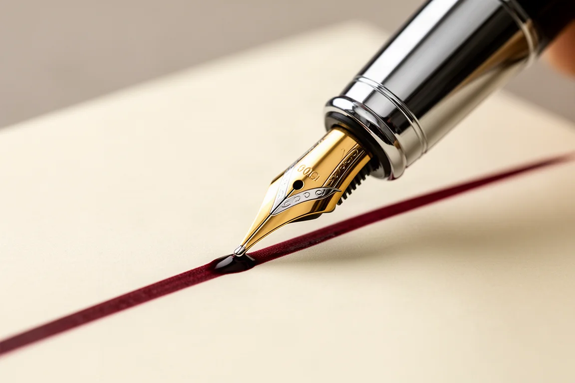 Gros plan sur une plume d'or bicolore de stylo-plume traçant un trait humide sur du papier crème