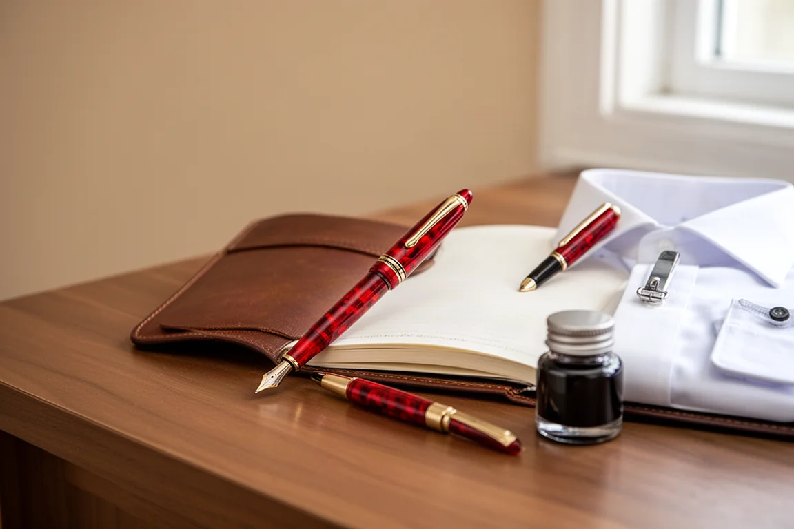 Stylo-plume accroché dans une poche de chemise à côté d'un carnet ouvert sur un bureau en bois