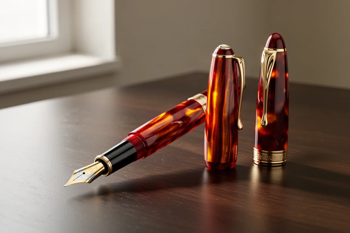 Pelikan M600 Souvrn fountain pen in red tortoiseshell with gold trim and two-tone nib