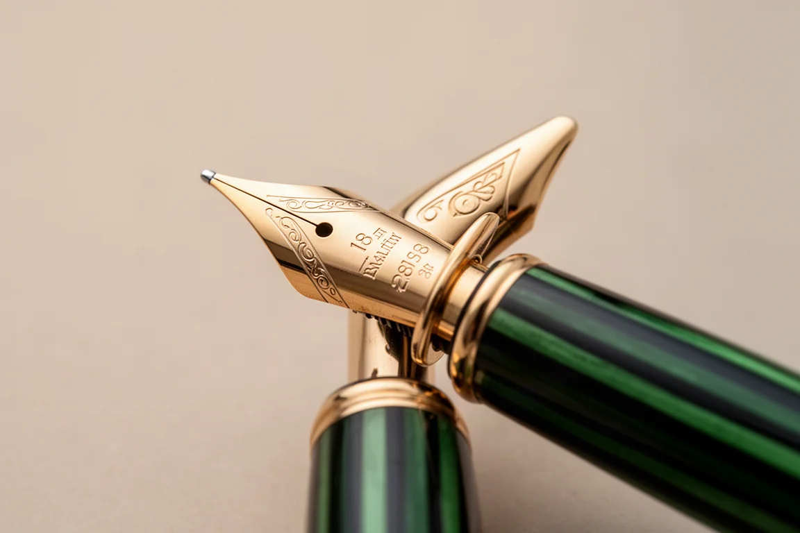 Close-up van een vergulde vulpennib met gravering op neutraal papier