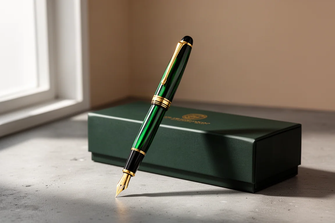 Green and black striped fountain pen with gold trim beside its presentation box