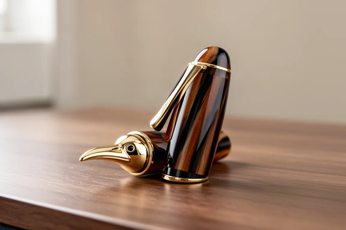 Füllhalterdeckel mit goldfarbener Klinke in Pelikanform auf einem Holzschreibtisch