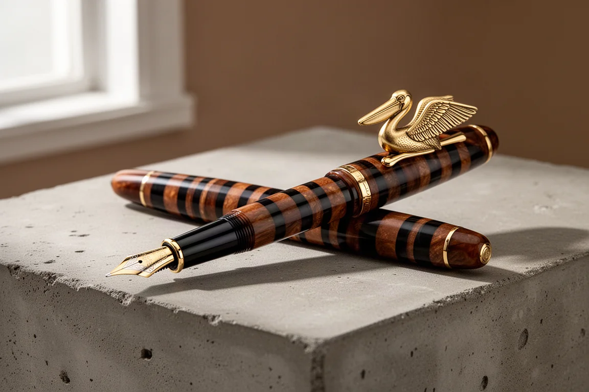 Penna stilografica Pelikan M800 Brown-Black con finiture oro su una superficie in cemento