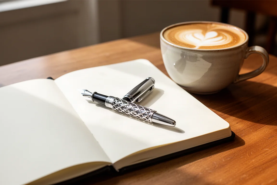 Estilográfica y cuaderno abierto en una mesa de cafetería junto a un capuchino