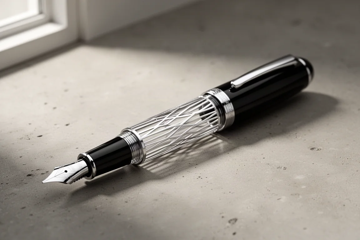 Pióro wieczne Pelikan M805 Metal Sleeve z wyciętą laserowo srebrną kratką na przezroczystym korpusie, na betonie