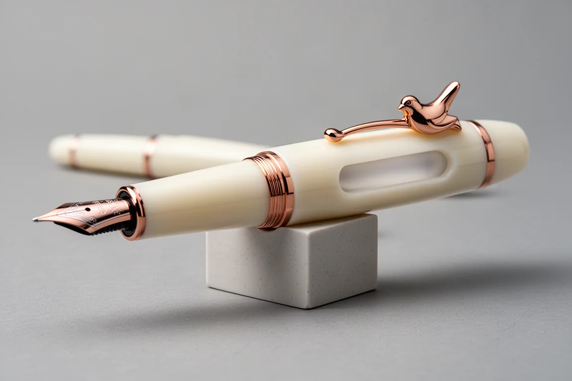 White fountain pen resting on a pen stand showing rose gold trim details
