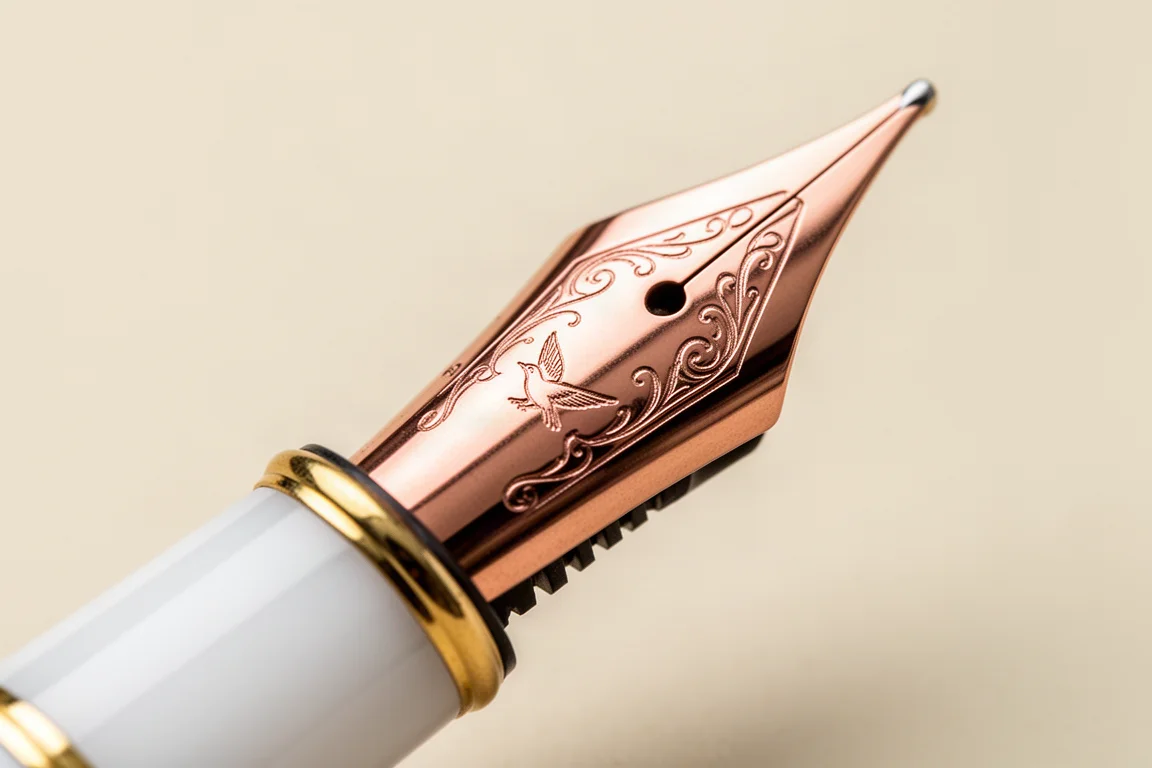 Close-up of a rose gold fountain pen nib with engraved scrollwork