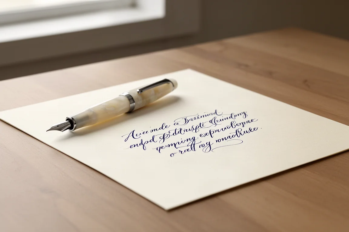 Handwriting sample on cream paper with a fountain pen resting beside it