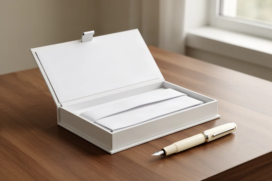 White presentation box with magnetic closure opened beside a fountain pen