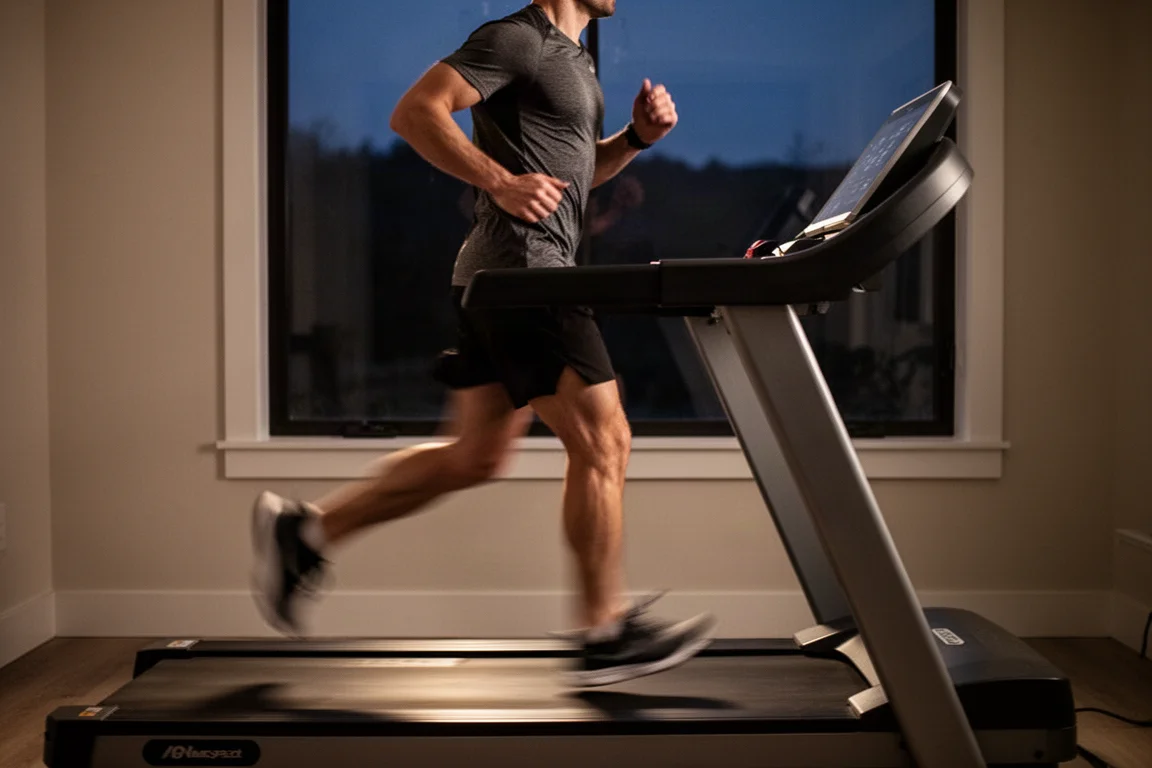 Corridore a metà falcata su un tapis roulant in una palestra domestica al tramonto