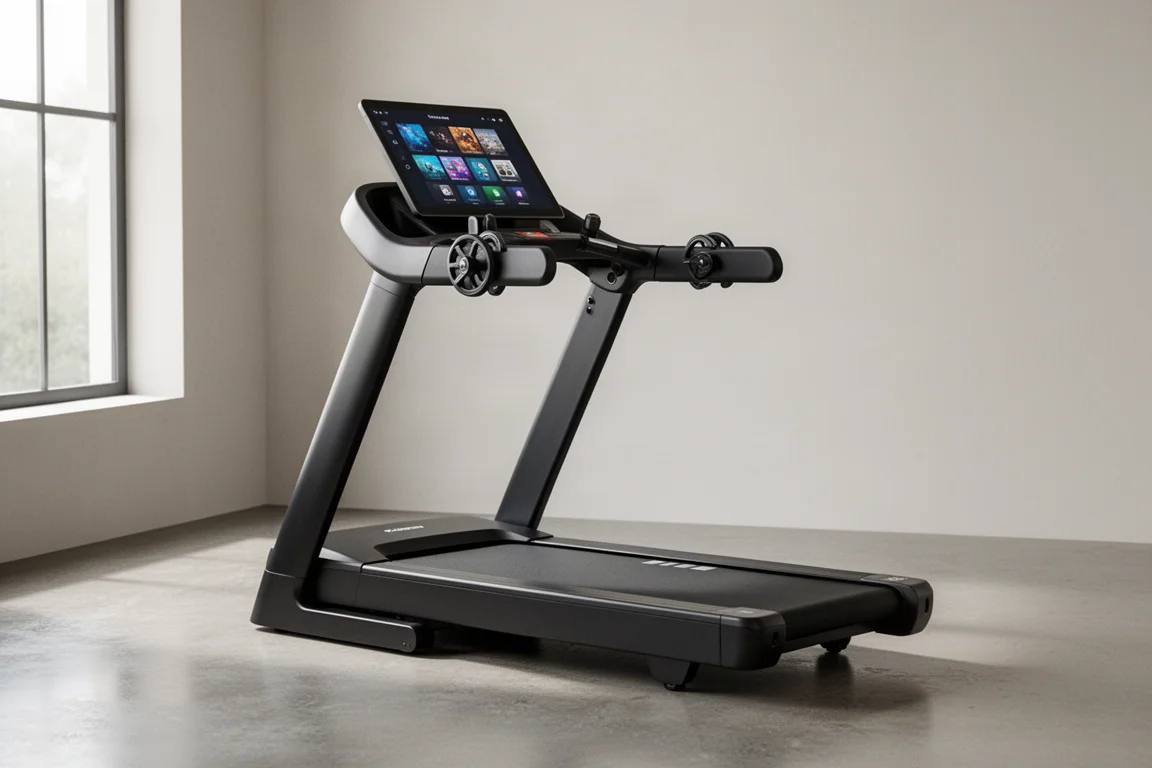 Premium treadmill with slanted touchscreen display in a bright minimalist home gym