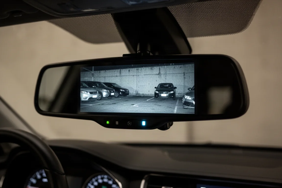 行車記錄器顯示夜視縮時錄影畫面,拍攝昏暗停車區域