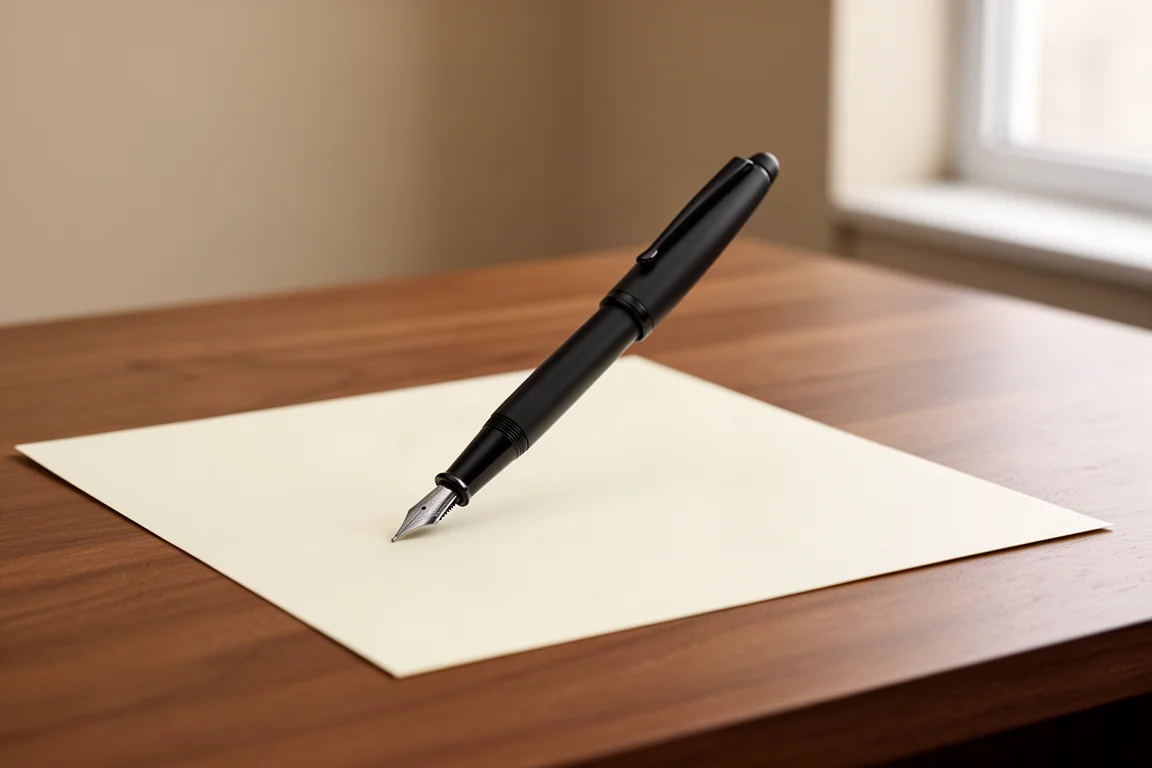 Una mano che tiene una penna stilografica nera affusolata con il cappuccio applicato in fondo